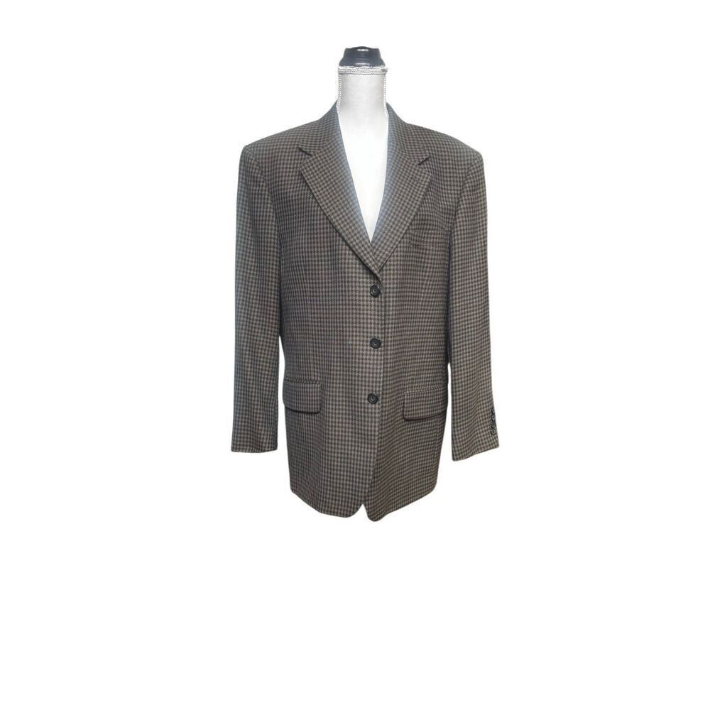 Oscar de la Renta Brown Gray Houndstooth Wool Blazer Jacket tiny flaw 44R